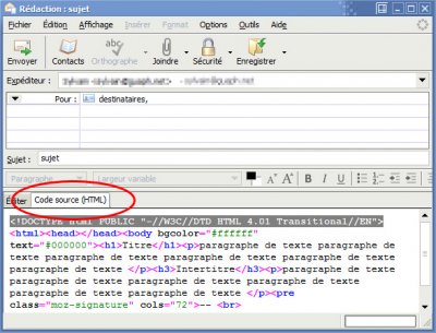 Aperçu de l'édition HTML dans Thunderbird